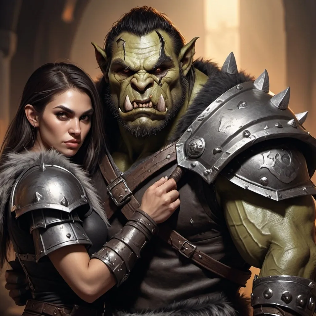 Prompt: hyper-realistic male orc character with battleaxe and black adamantium armour + silver furred female werewolf, fantasy character art, illustration, dnd, warm tone