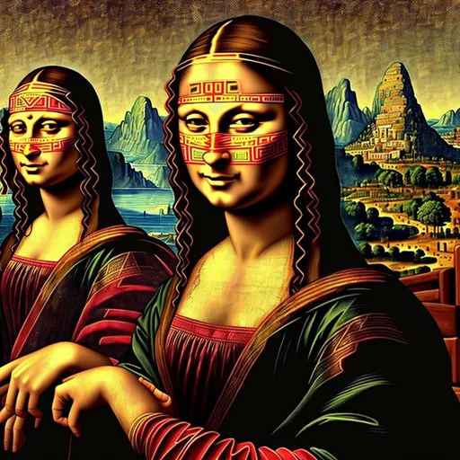 Prompt: Mona Lisa painting in Aztec dress, GTA V style, 8k resolution, high definition, detailed brushwork, vibrant Aztec patterns, realistic facial expression, Leonardo da Vinci inspired, Grand Theft Auto V style, immersive atmosphere, high-quality art, HD, 8k, detailed brushstrokes, Aztec dress, vibrant colors, artistic masterpiece, historical fusion