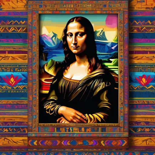 Prompt: Mona Lisa painting in Aztec dress, GTA V style, 8k resolution, high definition, detailed brushwork, vibrant Aztec patterns, realistic facial expression, Leonardo da Vinci inspired, Grand Theft Auto V style, immersive atmosphere, high-quality art, HD, 8k, detailed brushstrokes, Aztec dress, vibrant colors, realistic portrait, artistic masterpiece, historical fusion