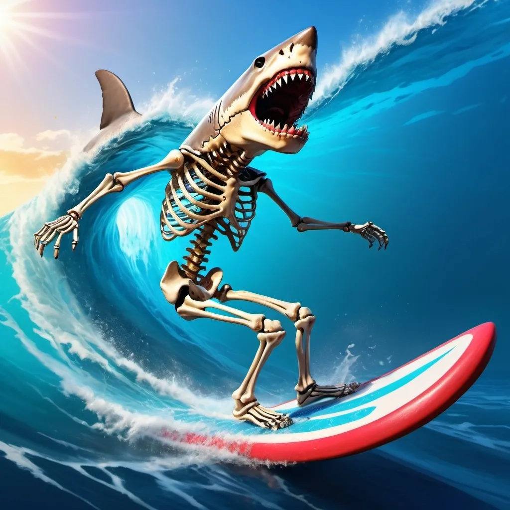 Prompt: Skeleton surfing the shark 
