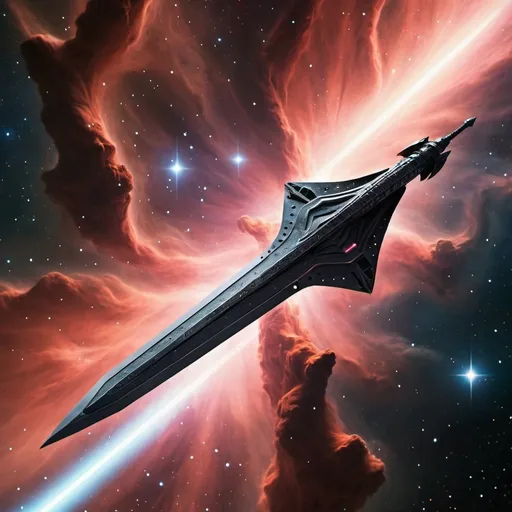 Prompt: sword-shaped spaceship flying through a nebula

