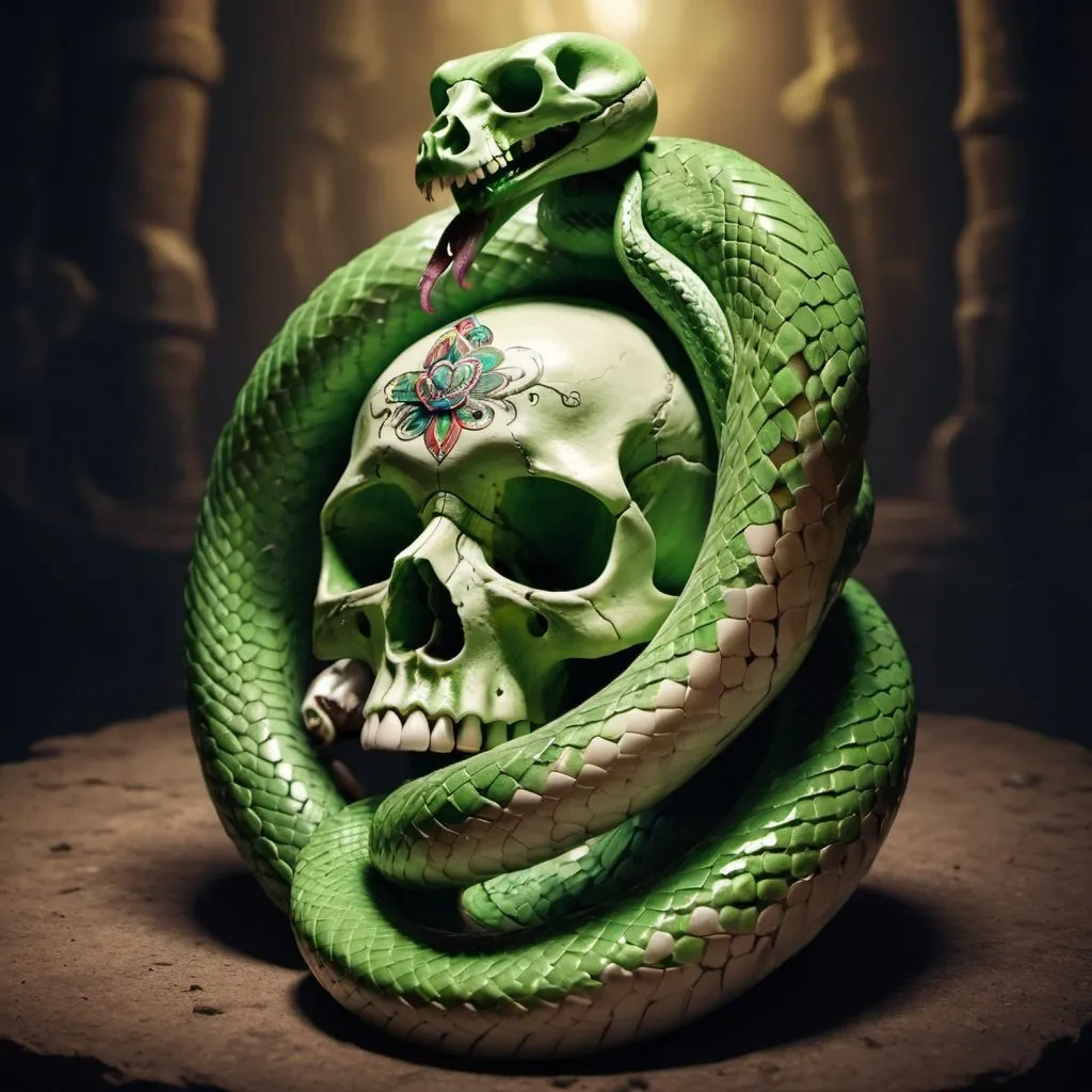 Prompt: a snake coiled around a skull. the skull is decorated in Dia del los Muertes style. The snake's head protrudes like a green tongue out of the skull's jaws.