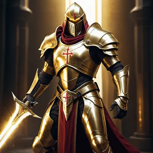 Prompt: sci-fi Templar in golden armor wielding a plasma long sword