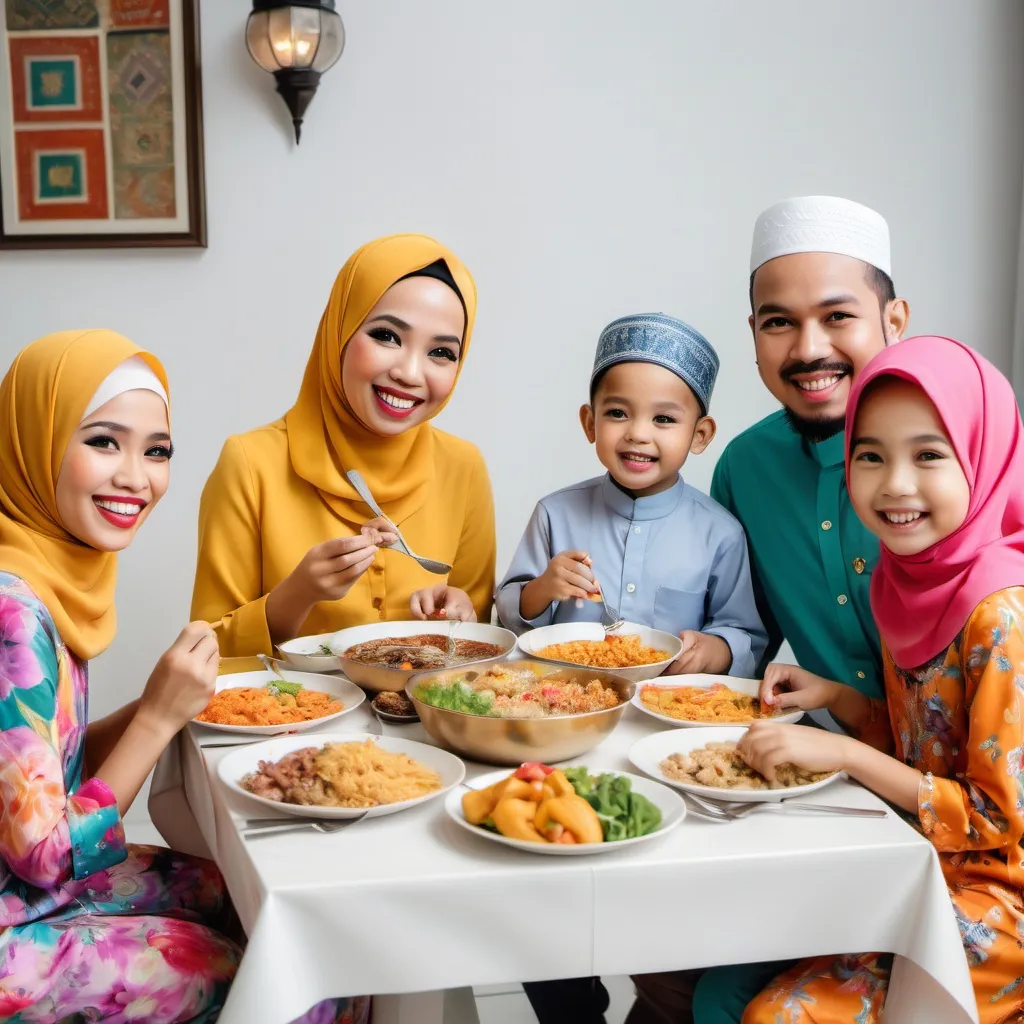 Prompt: A Malay muslim family enjoying a meal together, dressed in colourful fashion that radiates fun and style. 