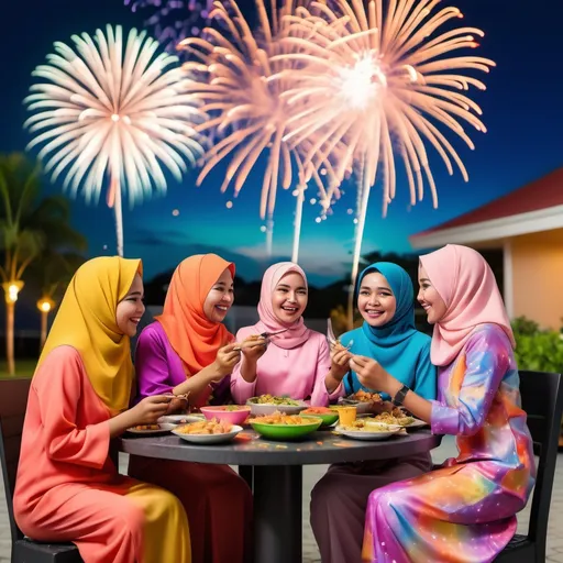 Prompt: A Malay muslim family enjoying a meal together, dressed in colourful fashion that radiates fun and style. The setting is warm and festive, with brilliant fireworks lighting up the evening sky in the background, adding a magical and celebratory atmosphere to the moment.