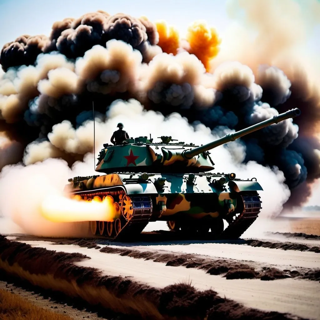 Prompt: dream about war fire tank dar fog someone running 