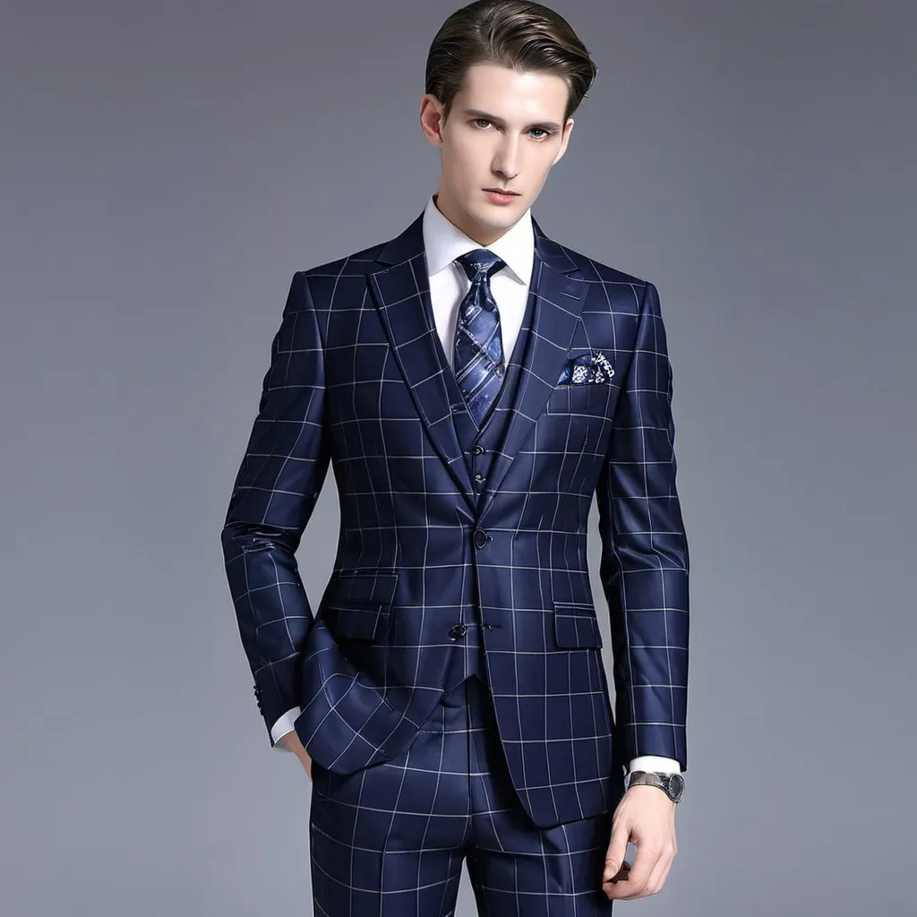 Prompt: Dark Blue Plaid Men Suits