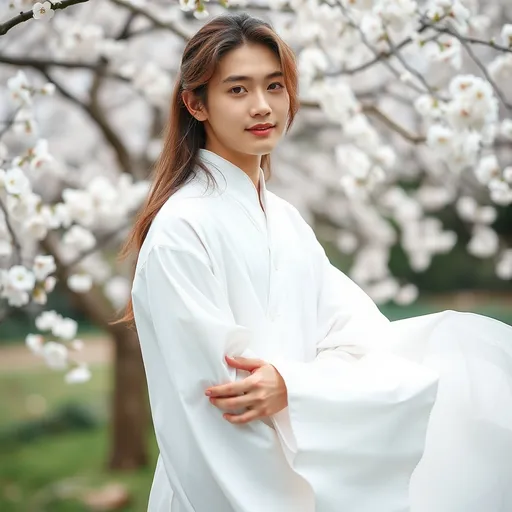 Prompt: "Create an image of a young man resembling BTS Jungkook with a soft, feminine appearance, wearing a flowing, traditional white Korean hanfu. His hair is long, silky, and loosely styled, cascading over his shoulders. The hanfu should be elegant, with delicate layers of fabric and subtle floral patterns. He stands in a tranquil garden with blossoming cherry trees in the background, the soft petals contrasting with his pure white attire. His expression is gentle and ethereal, with a serene smile, creating an aura of grace and beauty."