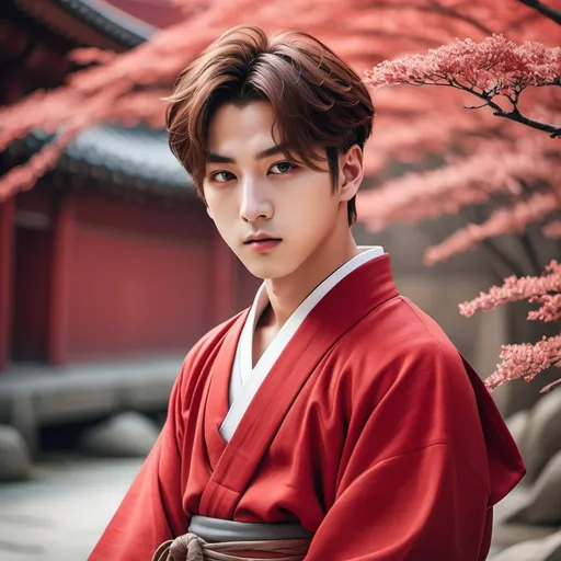 Prompt: GENERATE IMAGE OF BTS JUNGKOOK IN RED HANFU IN ANCIENT KOREAN ERA