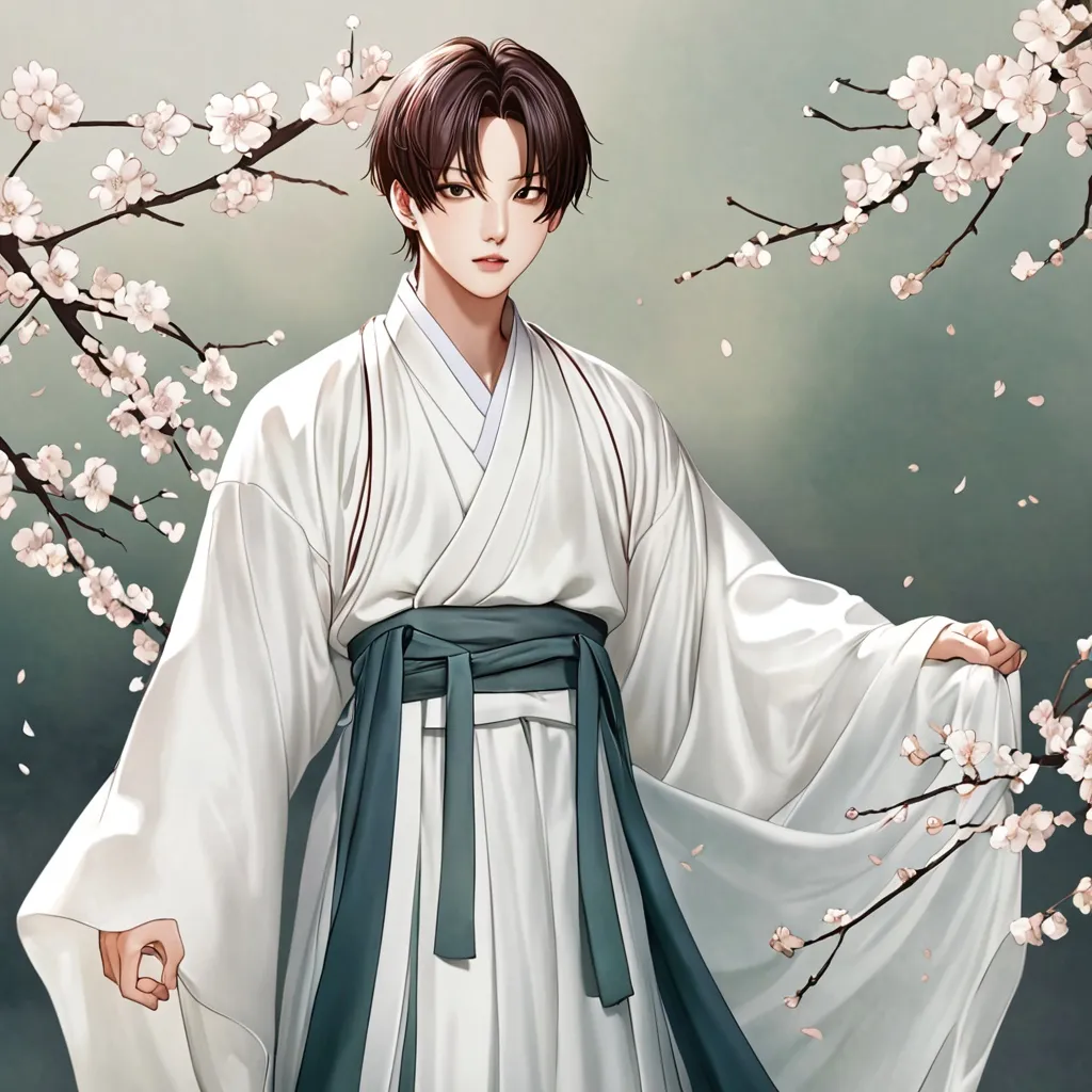 Prompt: "Create an image of a young man resembling BTS Jungkook with a soft, feminine appearance AND A TINY 
MOLE BELOW HIS LOWER LIPS, wearing a flowing, traditional white Korean hanfu. His hair is long, silky, and loosely styled, cascading over his shoulders. The hanfu should be elegant, with delicate layers of fabric and subtle floral patterns. He stands in a tranquil garden with blossoming cherry trees in the background, the soft petals contrasting with his pure white attire. His expression is gentle and ethereal, with a serene BUNNY LIKE smile, creating an aura of grace and beauty."