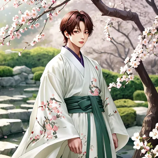 Prompt: "Create an image of a young man resembling BTS Jungkook with a soft, feminine appearance, wearing a flowing, traditional white Korean hanfu. His hair is long, silky, and loosely styled, cascading over his shoulders. The hanfu should be elegant, with delicate layers of fabric and subtle floral patterns. He stands in a tranquil garden with blossoming cherry trees in the background, the soft petals contrasting with his pure white attire. His expression is gentle and ethereal, with a serene smile, creating an aura of grace and beauty."