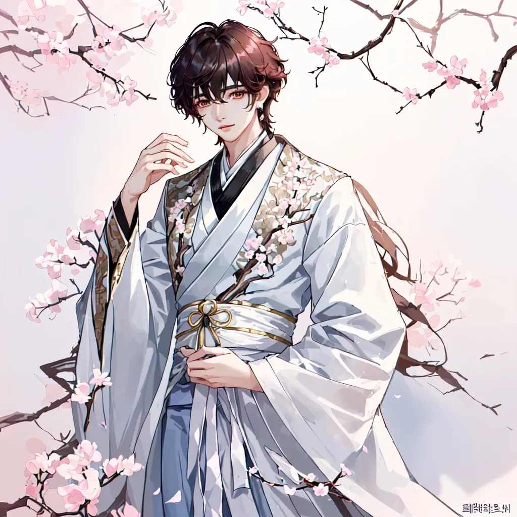 Prompt: "Create an image of a young man resembling BTS Jungkook with a soft, feminine appearance AND A TINY 
MOLE BELOW HIS LOWER LIPS, wearing a flowing, traditional white Korean hanfu. His hair is long, silky, and loosely styled, cascading over his shoulders. The hanfu should be elegant, with delicate layers of fabric and subtle floral patterns. He stands in a tranquil garden with blossoming cherry trees in the background, the soft petals contrasting with his pure white attire. His expression is gentle and ethereal, with a serene BUNNY LIKE smile, creating an aura of grace and beauty."