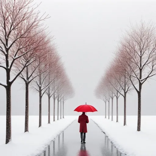 Prompt: Man with red umbrella, snowy minimalistic landscape, high quality, minimalism, winter, detailed snowflakes, red tones, serene, peaceful lighting