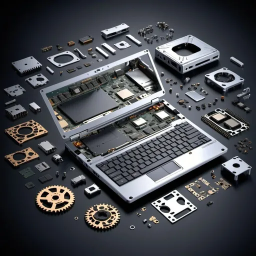 Prompt: Exploded view of disassembled Computer Notebook ,metal and plastic components scattered, high quality rendering, realistic 3D modeling, industrial, explosion effect, detailed components, dramatic lighting, cool lighting effects, mechanical, DIY, tools, power tools, intense shadows, dynamic composition, intricate details, metallic textures, professional, highres