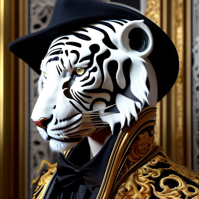 Prompt: Humanoid White Tiger in a long gold & white peacoat and wide-brimmed Black hat, luxurious fabric with intricate details, intense and piercing gaze, fantasy art, opulent gold tones, dramatic lighting, high-res, ultra-detailed, fantasy, luxurious, detailed fur, regal, opulent, extravagant, wide-brimmed hat, humanoid, fierce presence