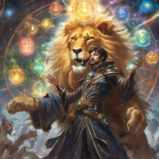 Prompt: <mymodel>A  Mage summoning a humanoid Lion in  artstyle