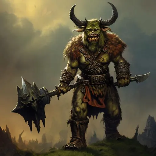 Prompt: Ork in a brown tunic, solid build, carrying a mace and axe, fantasy battlefield, horns, evil face, fantasy theme Castle Backdrop, detailed, high quality, fantasy art, atmospheric lighting, ominous color tones, detailed armor