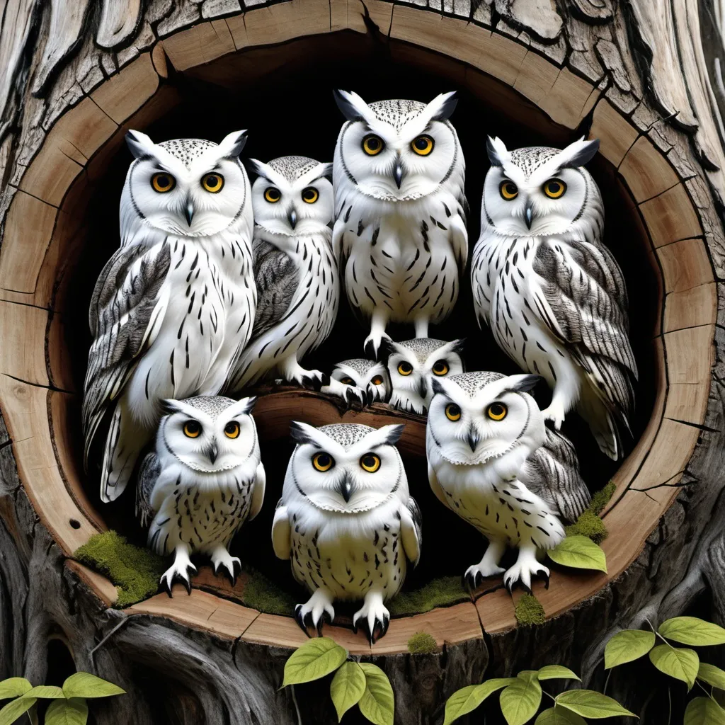 Prompt: a group of owls sitting inside of a hollow in a tree stump with their eyes open and looking out, Dan Hillier, pop surrealism, highly detailed digital art, a digital rendering,3d Bas Relief, in color