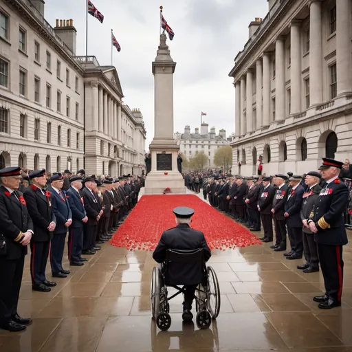 Prompt: Remembrance Day ceremony at Whitehall, London, Cenotaph surrounded by veterans, disabled veteran in wheelchair, solemn and respectful atmosphere, historical architecture, high quality, realistic, traditional, respectful, patriotic, dignified, somber, British flag, uniformed soldiers, poppy flowers, vintage architecture, iconic landmark, overcast lighting