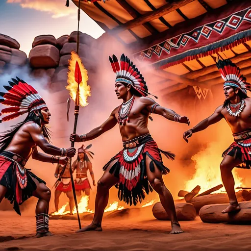Prompt: Red Indians performing war dance, 3D bas relief, tepees, totem pole, 4k, HDR, intricate details, fiery atmosphere, traditional attire, fierce expressions, dynamic poses, intense lighting, vibrant colors, epic storytelling, large scale, high-quality rendering