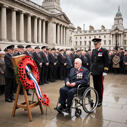 Prompt: Remembrance Day ceremony at Whitehall, London, Cenotaph surrounded by veterans, disabled veteran in wheelchair, solemn and respectful atmosphere, historical architecture, high quality, realistic, traditional, respectful, patriotic, dignified, somber, British flag, uniformed soldiers, poppy flowers, vintage architecture, iconic landmark, overcast lighting