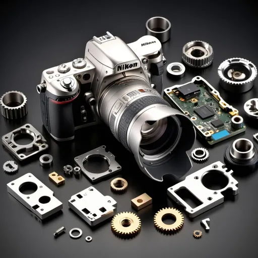 Prompt: Exploded view of disassembled Nikon Digital Camera, metal and plastic components scattered, high quality rendering, realistic 3D modeling, industrial, explosion effect, detailed components, dramatic lighting, cool lighting effects, mechanical, DIY, tools, power tools, intense shadows, dynamic composition, intricate details, metallic textures, professional, highres