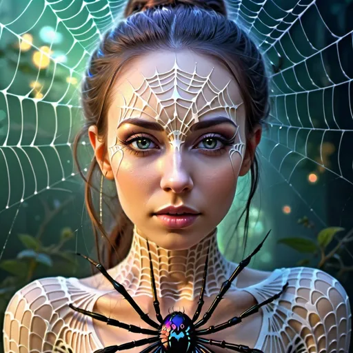 Prompt: Fantasy humanoid spider with a woman's face, intricate web patterns, ethereal fantasy art, high quality, detailed fantasy, humanoid spider, woman's face, intricate patterns, fantasy art, ethereal, dreamy lighting, mystical, vibrant colors