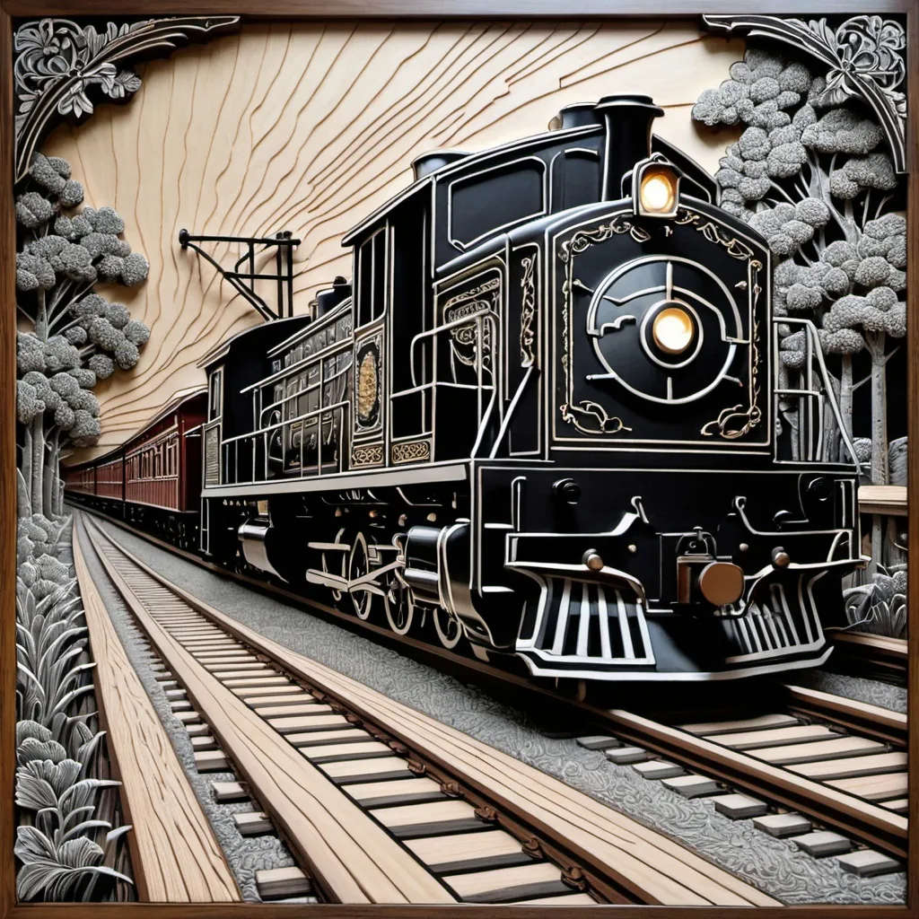 Prompt: a drawing of a train on a wooden panel with a train engine on it's track and a train engine on the track, Charles Ginner, folk art, intricately detailed, a woodcut,3d bas relief,complete wood texture