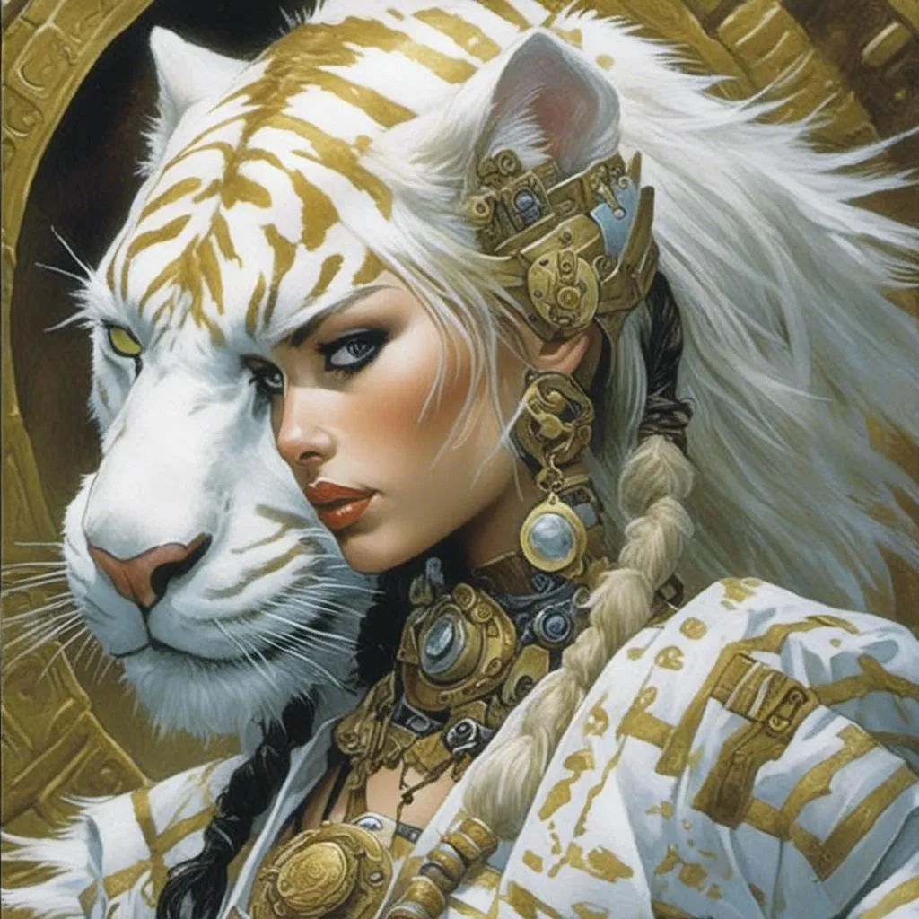 Prompt: <mymodel>A science fiction anthropomorphic white tiger in artstyle by Donato Giancola and Terese Nielsen 