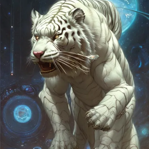 Prompt: A science fiction anthropomorphic white tiger in artstyle by Donato Giancola and Terese Nielsen <mymodel>