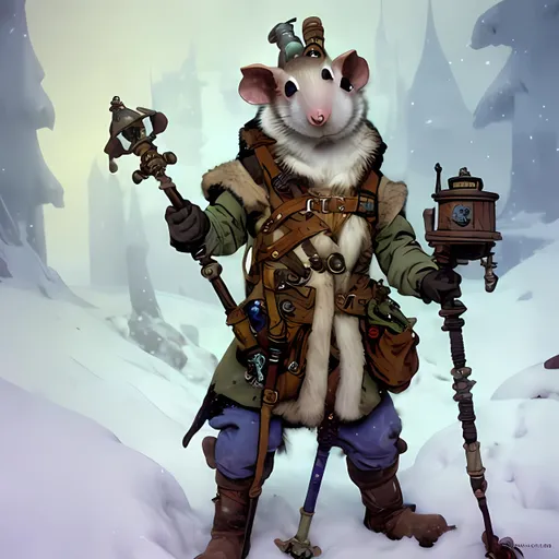 Prompt: A medieval anthropomorphic rat tinkerer artificer wearing an artic explorer outfit with adventuring gear full of pockets and harness holster belts in the middle of a snowstorm , a stunning Alphonse Mucha's masterpiece in <mymodel> sci-fi fantasy artstyle by Anders Zorn and Joseph Christian Leyendecker , neat and clear tangents full of negative space , a dramatic lighting with detailed shadows and highlights enhancing depth of perspective and 3D volumetric drawing , a vibrant and colorful high quality digital painting in HDR