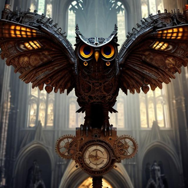 Prompt: Mechanical owl, steampunk style, intricate details, gothic cathedral, wings spread, perched, atmospheric lighting, gothic, steampunk, intricate design, mechanical, detailed feathers, cathedral interior, high quality, professional, atmospheric lighting