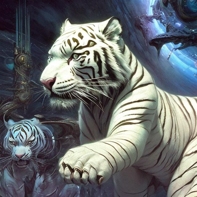 Prompt: <mymodel>A science fiction anthropomorphic white tiger in artstyle by Donato Giancola and Terese Nielsen