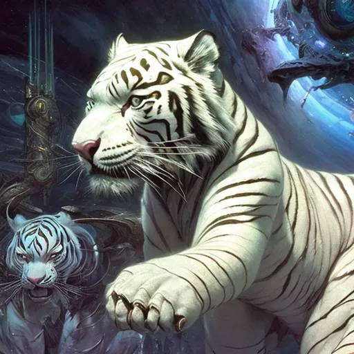 Prompt: <mymodel>A science fiction anthropomorphic white tiger in artstyle by Donato Giancola and Terese Nielsen