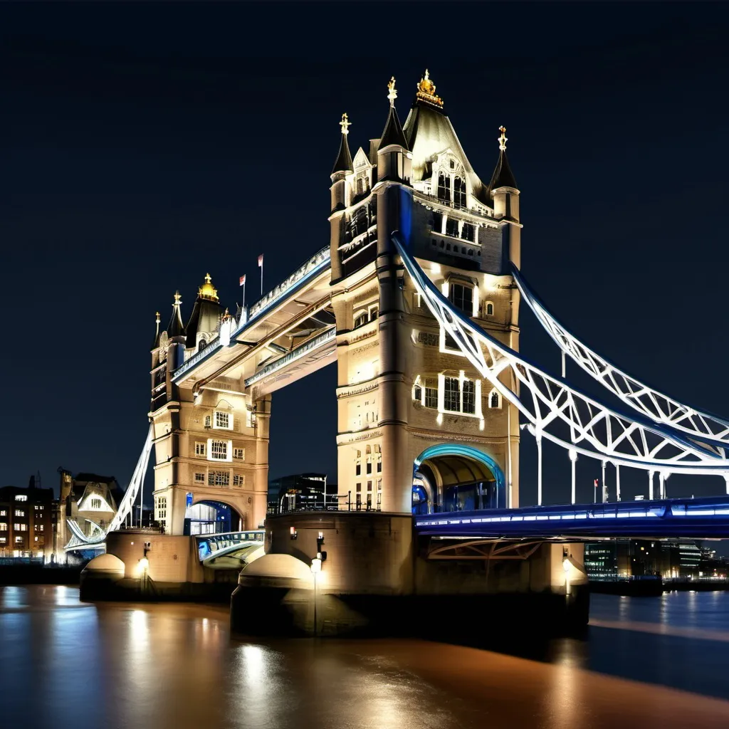 Prompt: Thames, Tower Bridge, London, urban landscape, city lights, cool tones, nighttime, detailed architecture, high quality, digital painting, professional, atmospheric lighting