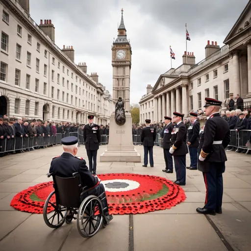 Prompt: Remembrance Day ceremony at Whitehall, London, Cenotaph surrounded by veterans, disabled veteran in wheelchair, solemn and respectful atmosphere, historical architecture, high quality, realistic, traditional, respectful, patriotic, dignified, somber, British flag, uniformed soldiers, poppy flowers, vintage architecture, iconic landmark, overcast lighting