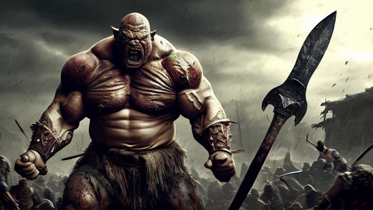 Prompt: Photorealistic depiction of a large muscle-bound orc warrior, wielding an axe and sword, battle-ready on a chaotic battlefield, rugged armor and worn battle scars, intense and fierce expression, dirt and blood splatters, dramatic lighting, high resolution, photorealism, battle scene, detailed weapons, epic fantasy, gritty and realistic, menacing presence, atmospheric environment