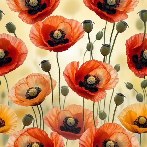 Prompt: Large heart shape with several semi-transparent poppies, dominant center poppy, yellowish mottled background, 4K quality, semi-realistic style, warm tones, soft lighting, detailed petals, floral design, ethereal atmosphere