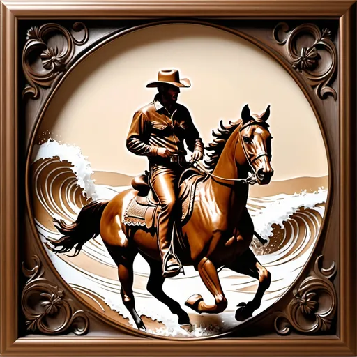 Prompt: a drawing of a cowboy riding a horse in a wood frame with a background of wavy waves and a man in a cowboy hat, Boleslaw Cybis, computer art, highly detailed digital art, a bronze sculpture