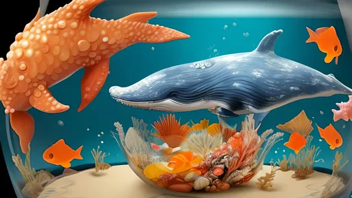 Prompt: A fantasy whale swimming in a Goldfish Bowl.very detailed, with sea floor also detailed with starfish shells etc, very realistic