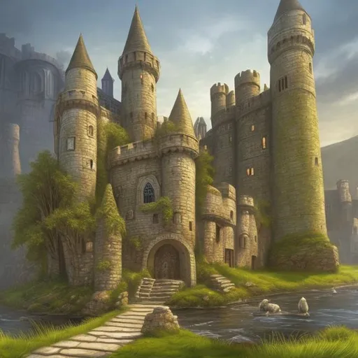 Prompt: Medieval fantasy illustration of a small castle by a tranquil river with fields, lush greenery, enchanting setting, high quality, detailed, fantasy, medieval, castle, river, lush greenery, enchanting, atmospheric lighting