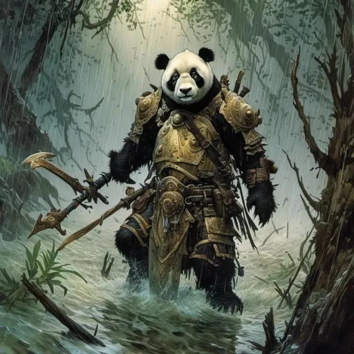 Prompt: <mymodel>A  full body portrait for the concept character design of 

a threatening fierceful anthropomorphic panda bear
paladin crossing a gloomy flooded mangroove in  the middle  of a  rainstorm

, a stunning Frank Frazetta masterpiece by  Donato  Giancola  and  Terese Nielsen

, neat and clean composition made of neat and clear tangents full of negative space 

, ominous dramatic lighting with detailed shadows and highlights enhancing depth of perspective and 3D volumetric drawing

, a vibrant and colorful painting in HDR