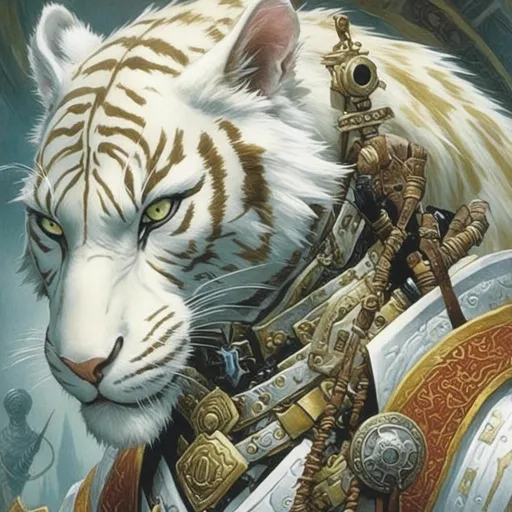 Prompt: <mymodel>A science fiction anthropomorphic white tiger in artstyle by Donato Giancola and Terese Nielsen 