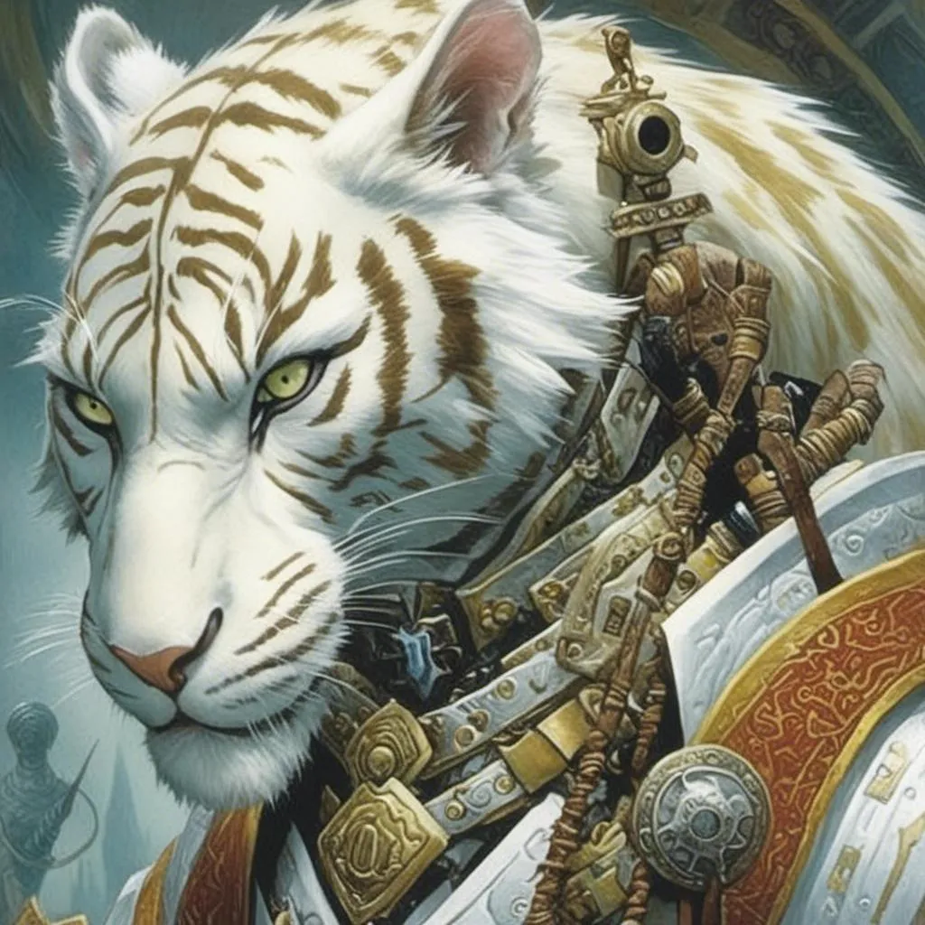 Prompt: <mymodel>A science fiction anthropomorphic white tiger in artstyle by Donato Giancola and Terese Nielsen 