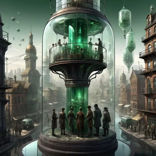 Prompt: a digital drawing Multi People inside Large Glass translucent bottles and the city, in the style of intricate steampunk, nikolai lockertsen, floating structures, serge marshennikov, xbox 360 graphics, don maitz, dark emerald and gray