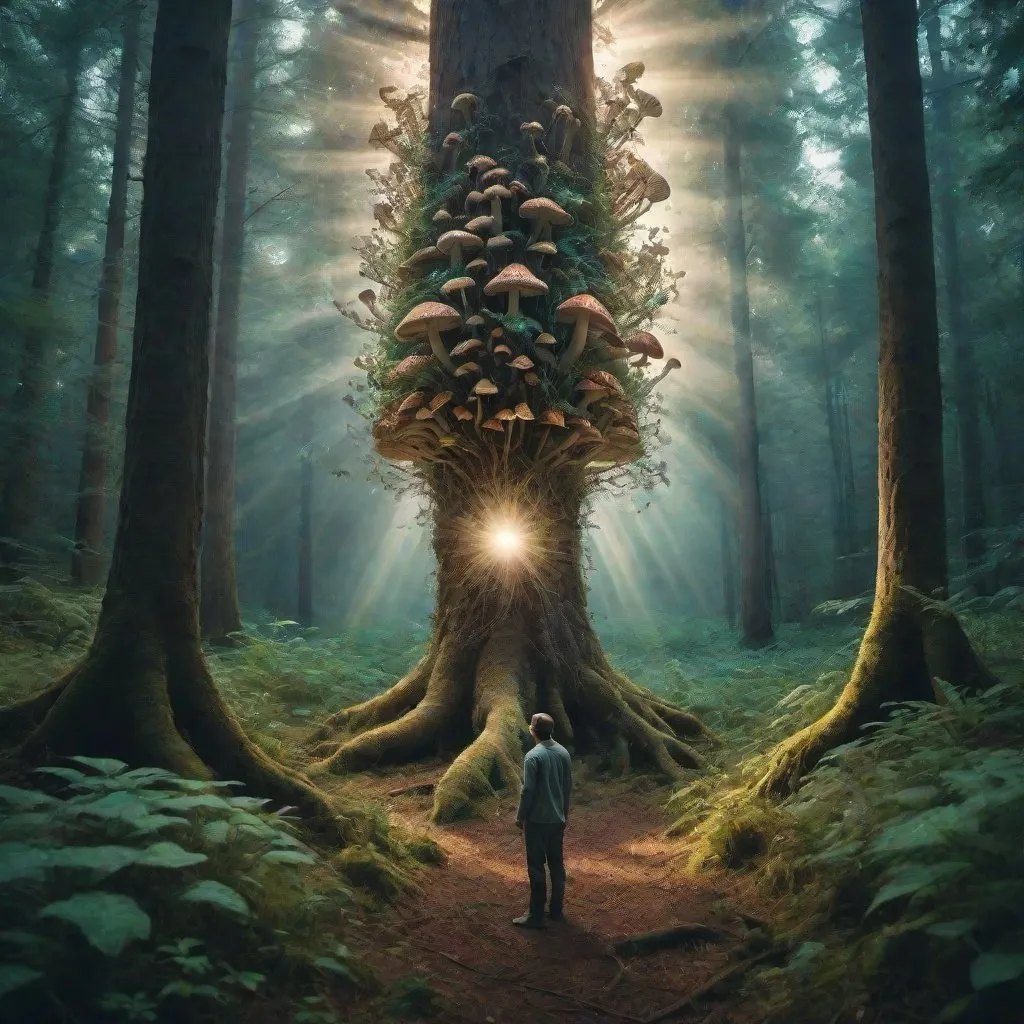 Prompt: Man turning into a tree with plants reaching to him, stood in the middle of forest, psychedelic mushrooms, beam of light, gnarly trees, becoming one with nature 