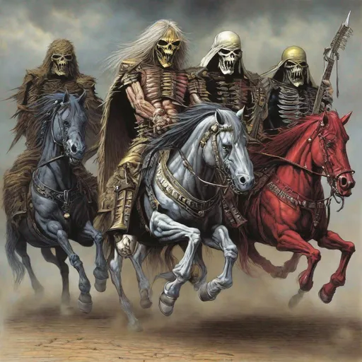 Prompt: Eddie from Iron Maiden as the four horsemen