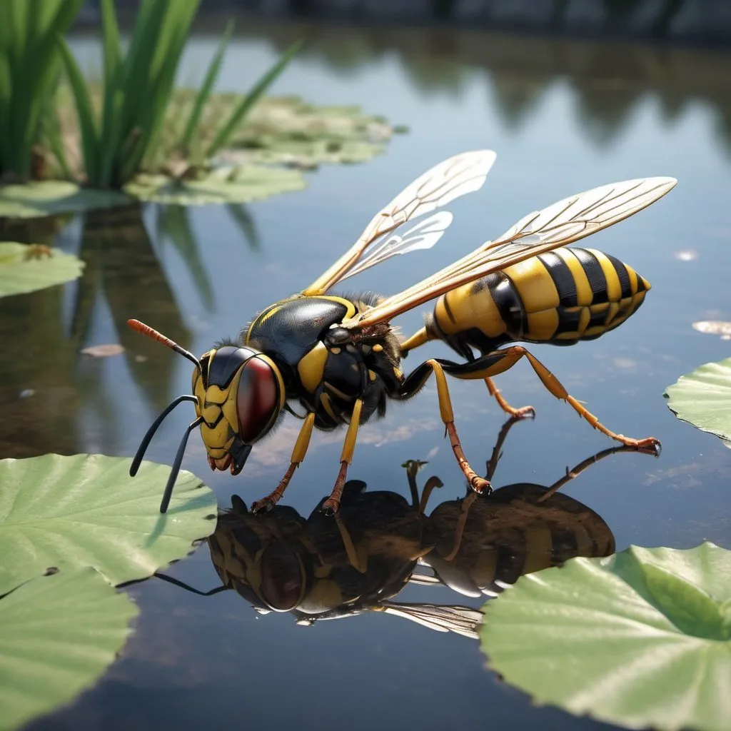 Prompt: hyper realistic wasp over a pond, 3D bas relief, extremely detailed, 4k, HDR, nature, realistic, high definition, detailed texture, detailed wings, intricate details, lifelike, reflective surface, bas relief, pond, realistic lighting