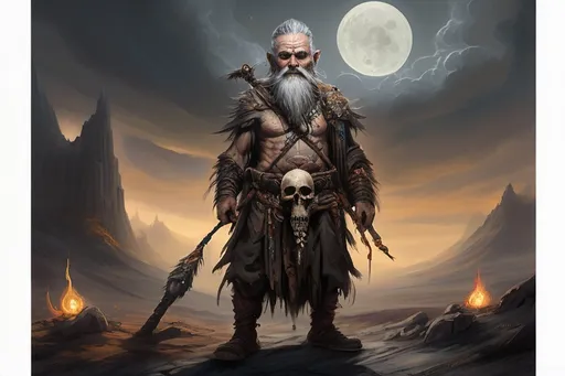 Prompt: (full-body) concept art of high fantasy wizened old male gnome deathspeaker shaman, oil painting, dark atmospheric lighting, high fantasy, highly detailed background, dark gritty tones, professional illustration, painted, art, painterly, thick gray and brown hair, thick gray and brown beard, crazed crazy possessed wild expression, shamanistic staff with skulls tied to it, shaman robes, soft shadows, soft highlights, very short subject, standing in highly detailed desolate wasteland background, windswept charred misty foggy rocky craggy dead wasteland background, skull and bone tribal fetishes, alchemical component pouches attached to belt, shamanistic tribal headdress, 