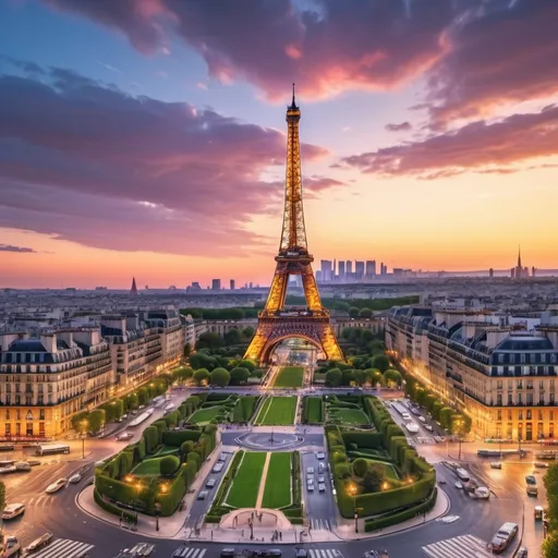 Prompt: Eiffel Tower in Paris, majestic HDR cityscape, vibrant sunset, bustling city lights, high-quality 4k resolution, detailed architecture, romantic atmosphere, iconic landmark, vibrant colors, glowing city skyline, HDR, vibrant, romantic, detailed, high-quality